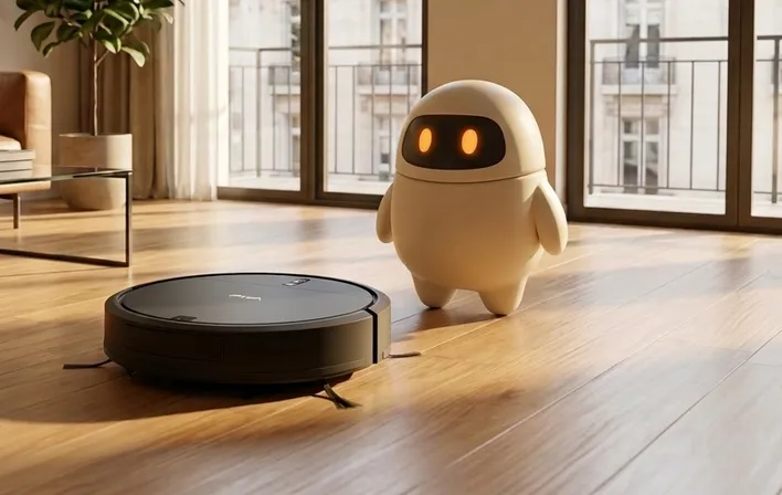 Robot aspiradora limpiando un living junto a Domik, el personaje de la marca